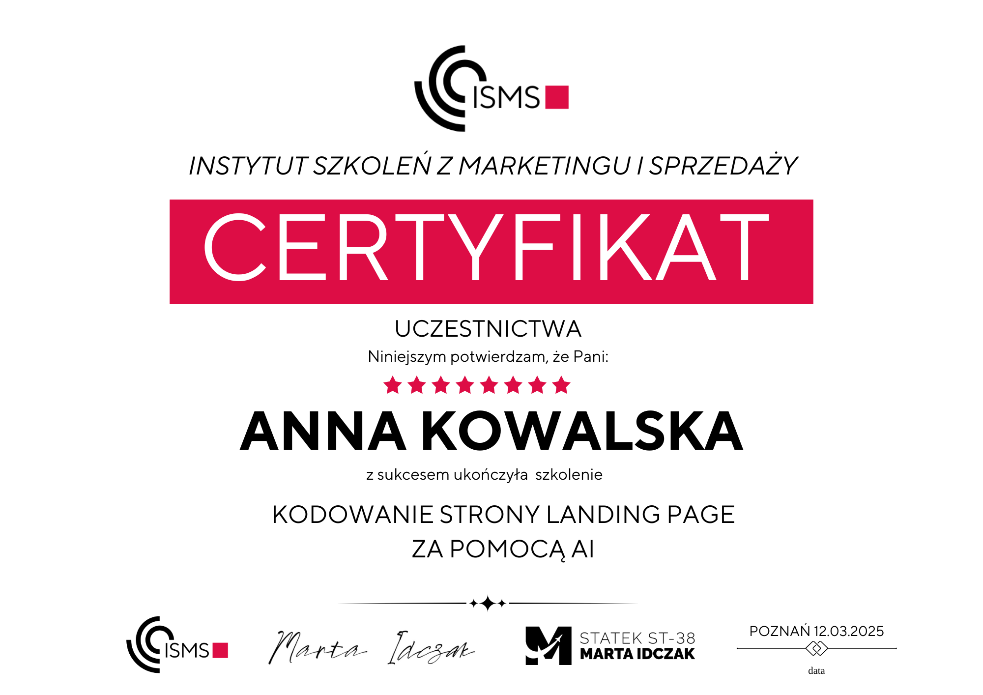 Certyfikat Landing Page Pro - Wariant 3