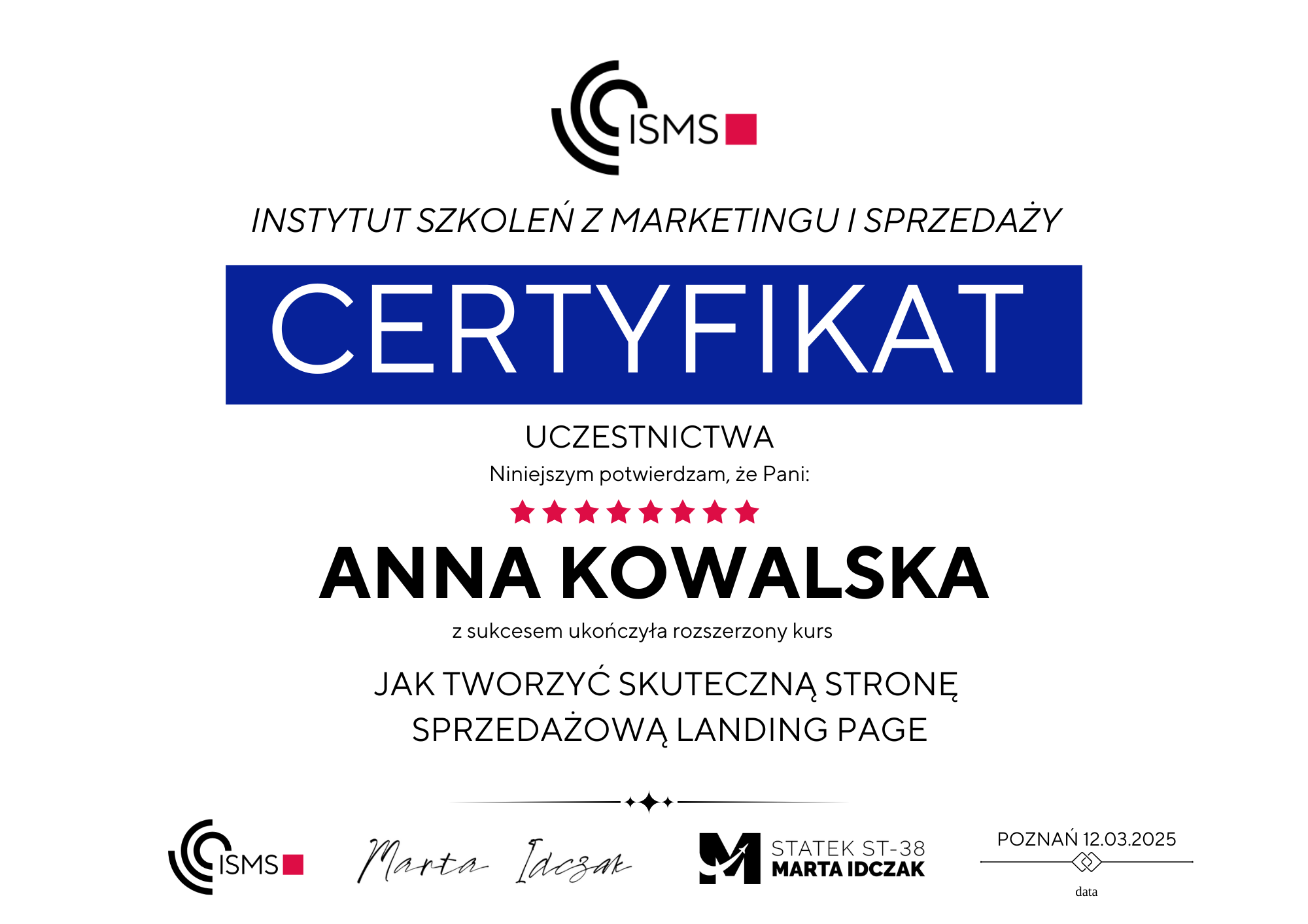 Certyfikat Landing Page Pro - Wariant 1