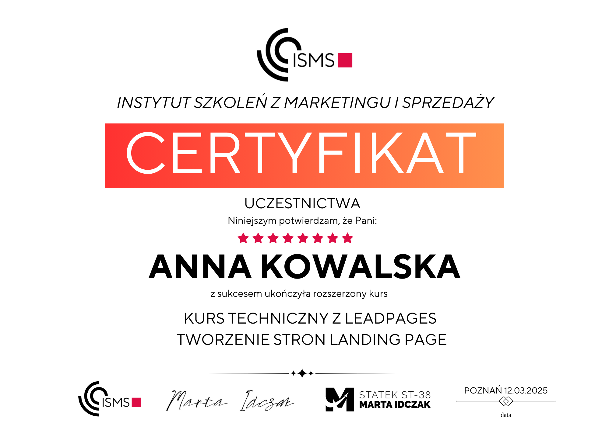 Certyfikat Landing Page Pro - Wariant 2