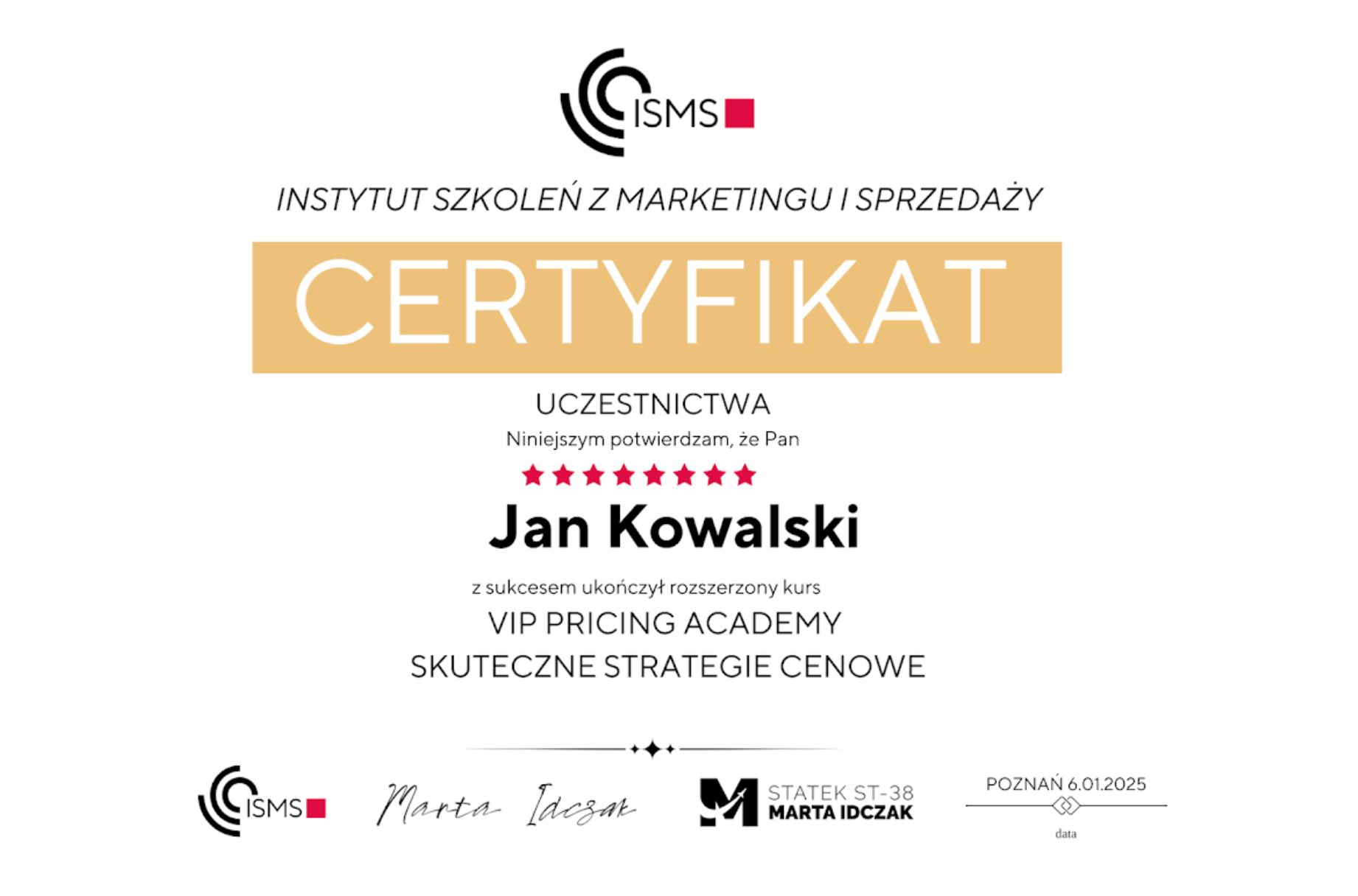 Certyfikat ukończenia kursu VIP Pricing Academy