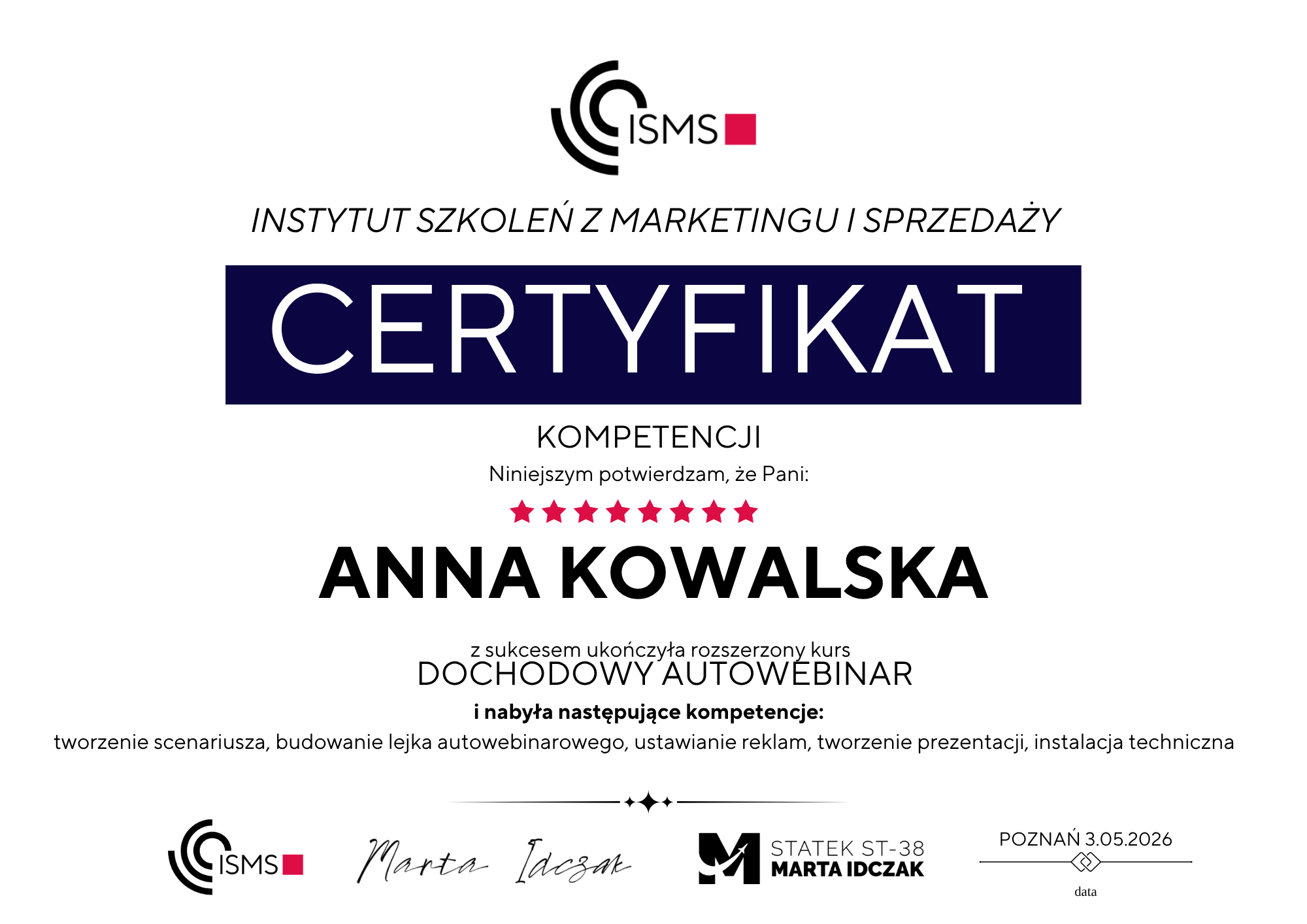 Certyfikat ukończenia kursu Dochodowy Autowebinar